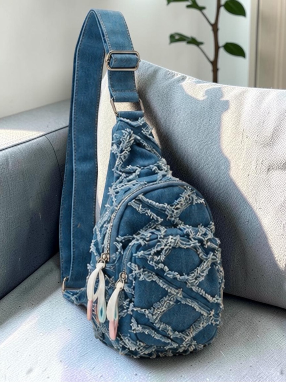 Wildfox Denim Blue Quilted Fringe Crossbody Sling Bag - Picture 2 of 5